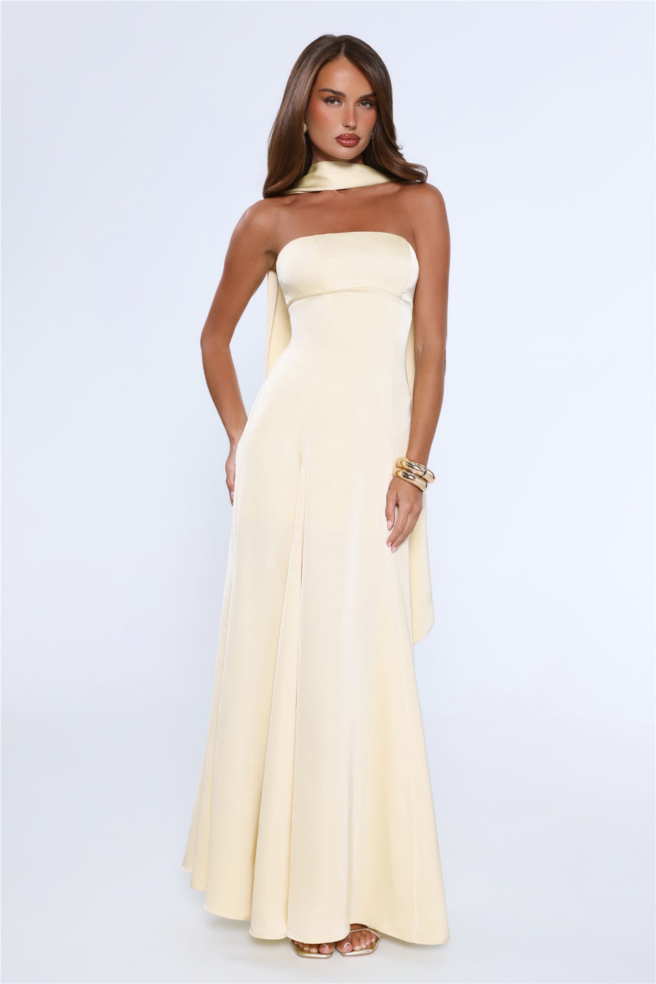 Satin Tempt Strapless Maxi Dress Lemon