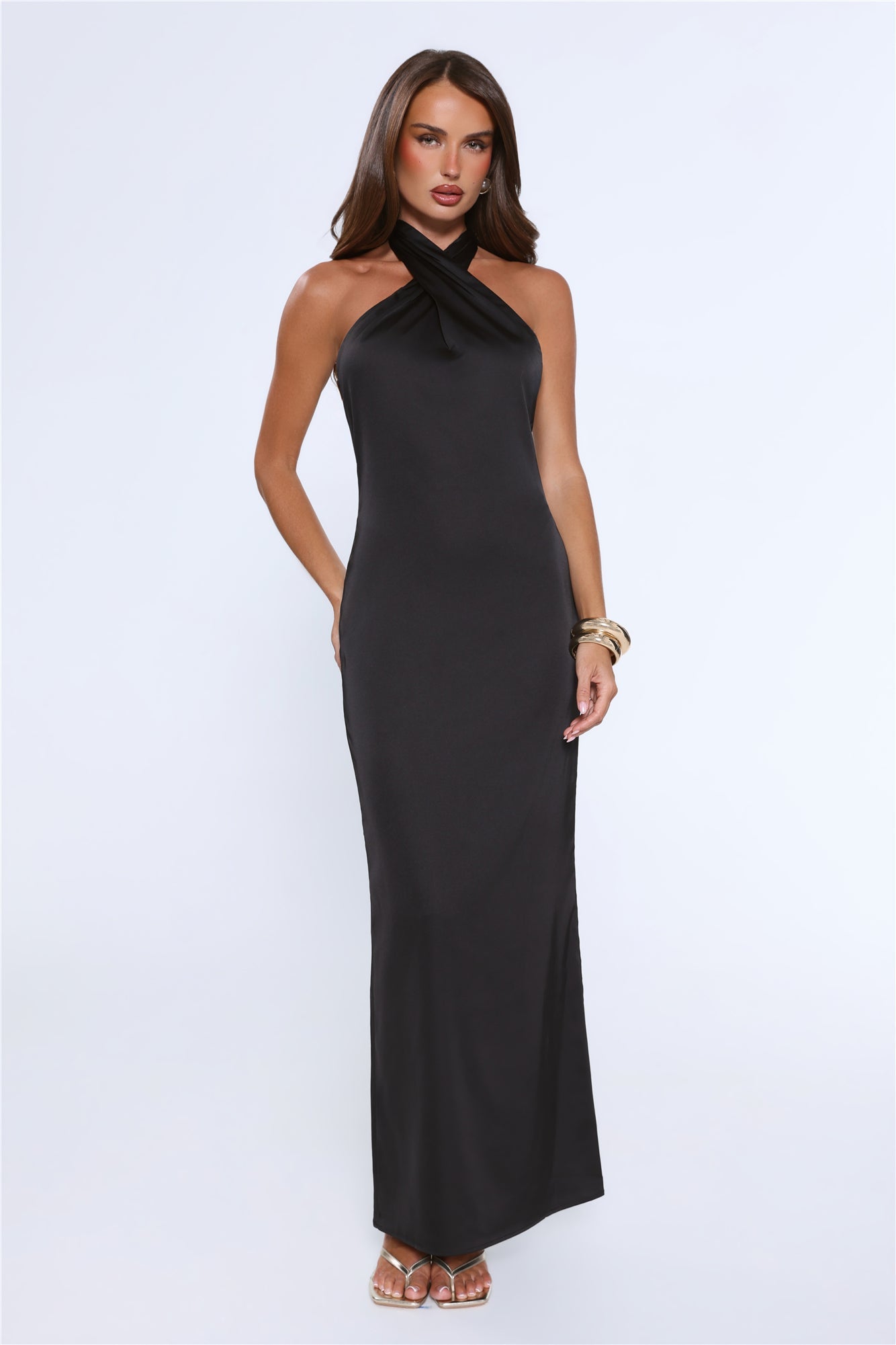 Outfit Energy Satin Halter Maxi Dress Black