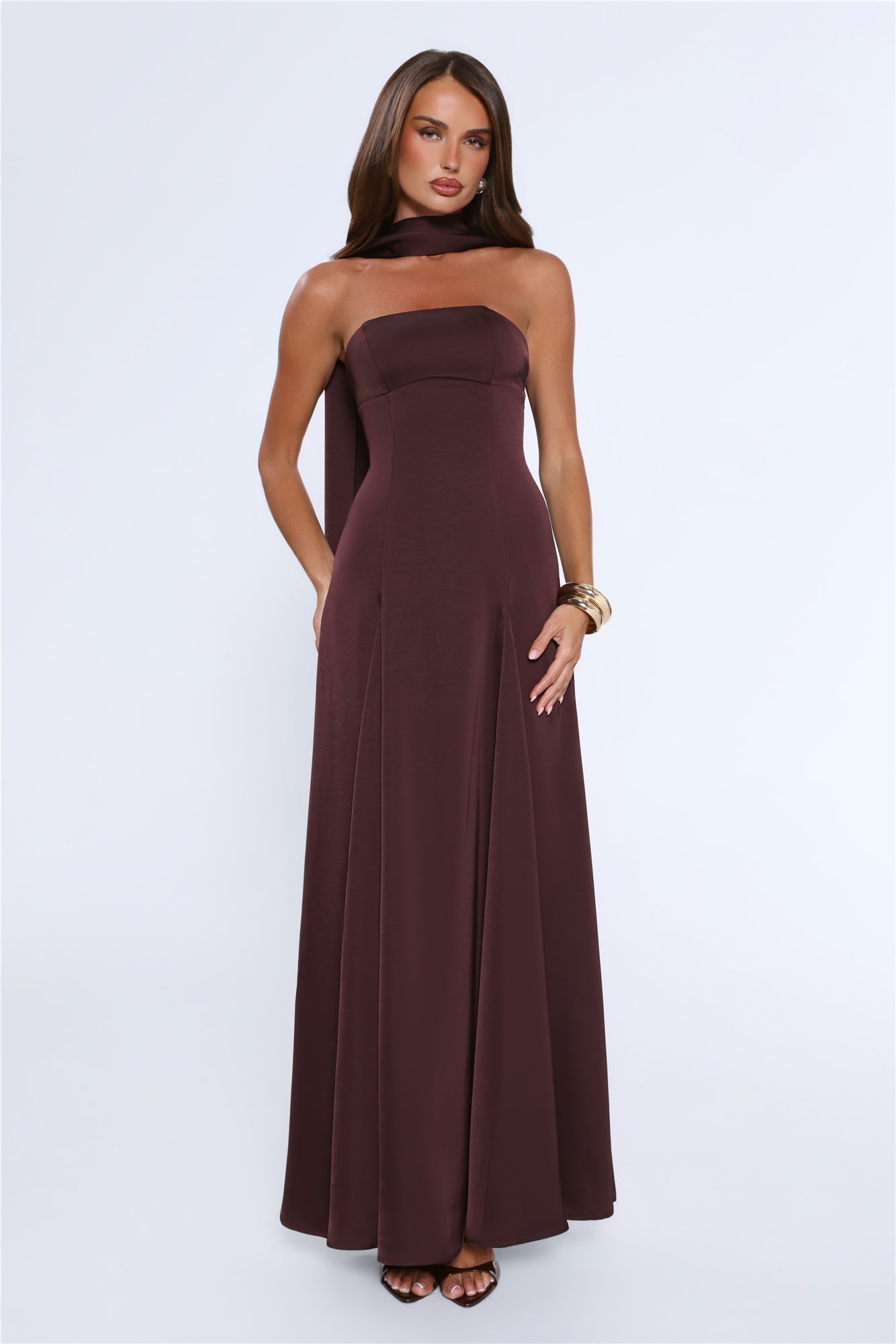 Satin Tempt Strapless Maxi Dress Chocolate