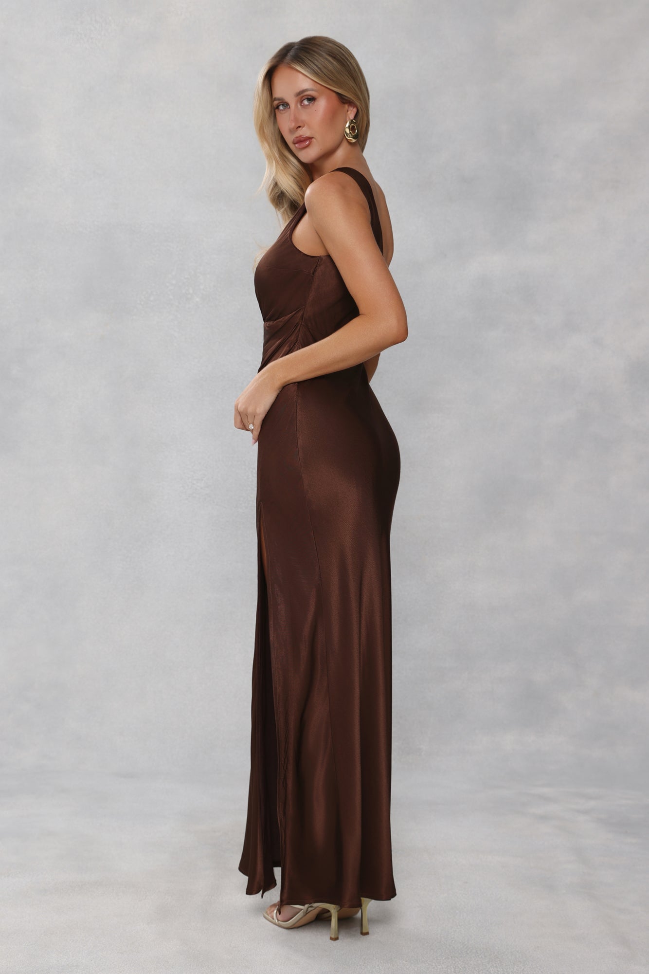 The Aurora One Shoulder Satin Maxi Dress Chocolate Brown