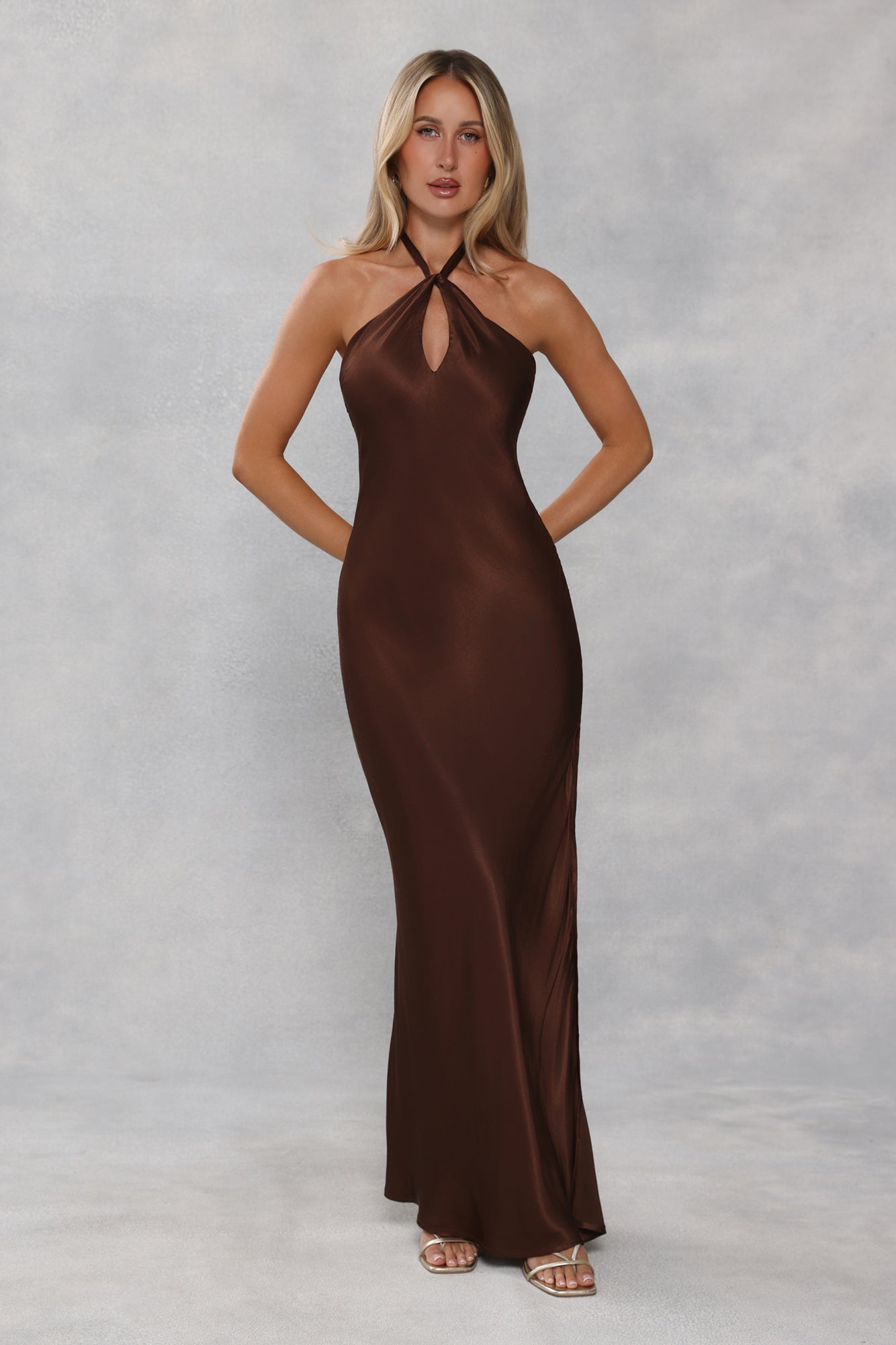 The Delilah Satin Halter Maxi Dress Chocolate Brown