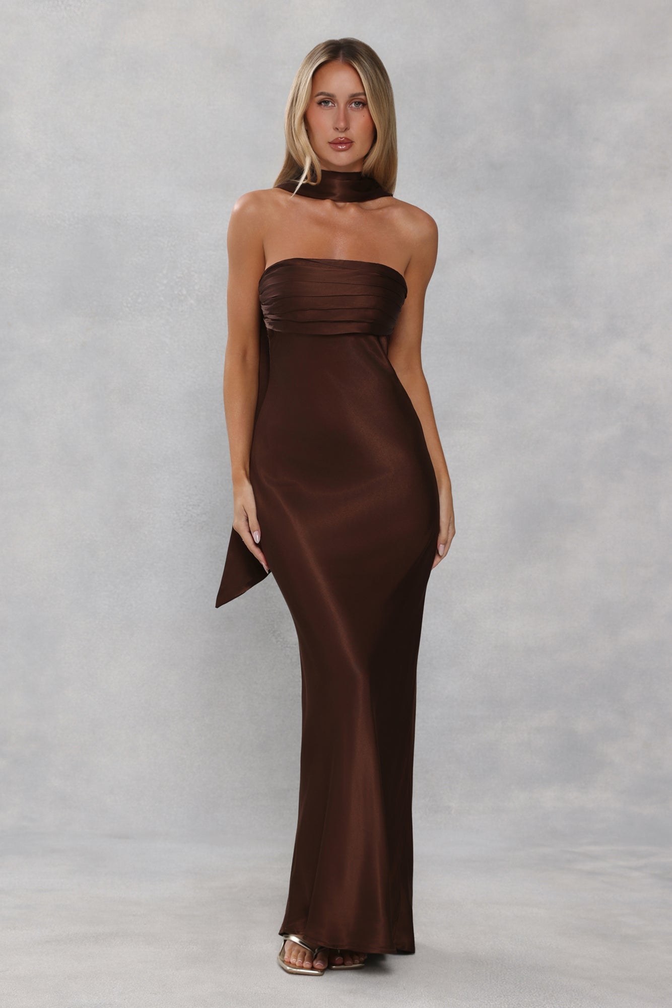 The Seraphina Strapless Satin Maxi Dress Chocolate Brown
