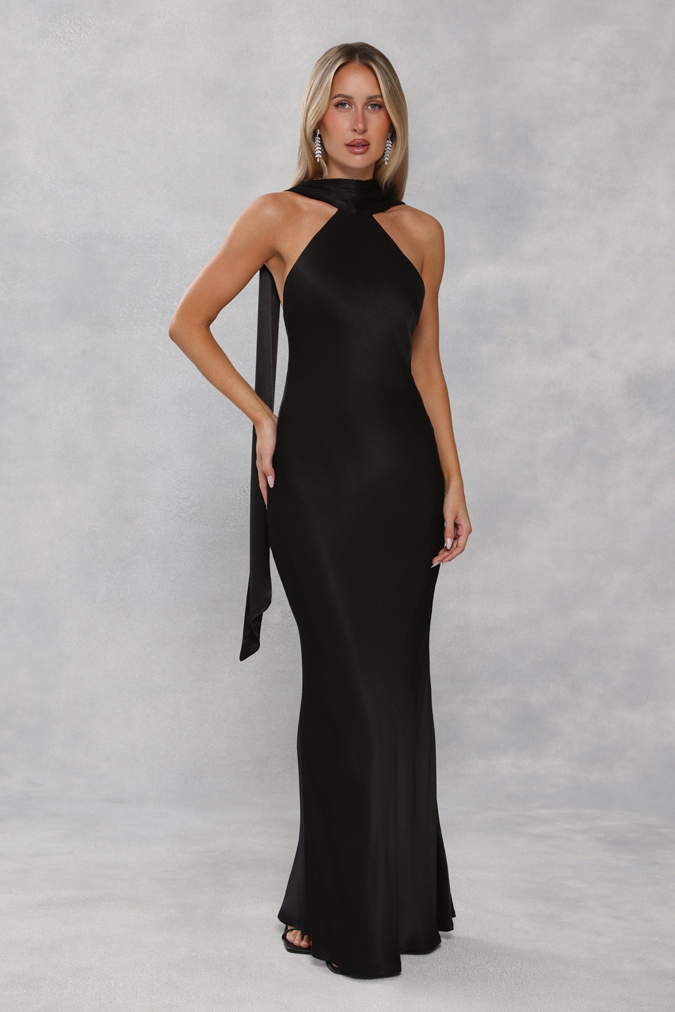 The Vivia Halter Satin Maxi Dress Black