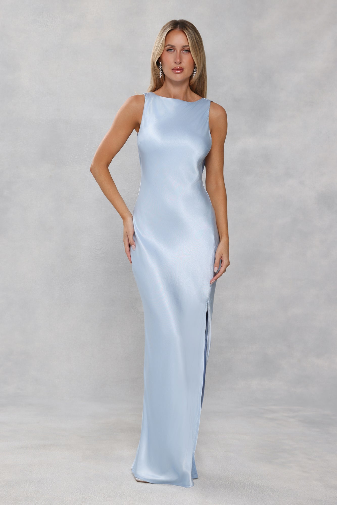 The Blaire Backless Satin Maxi Dress Light Blue