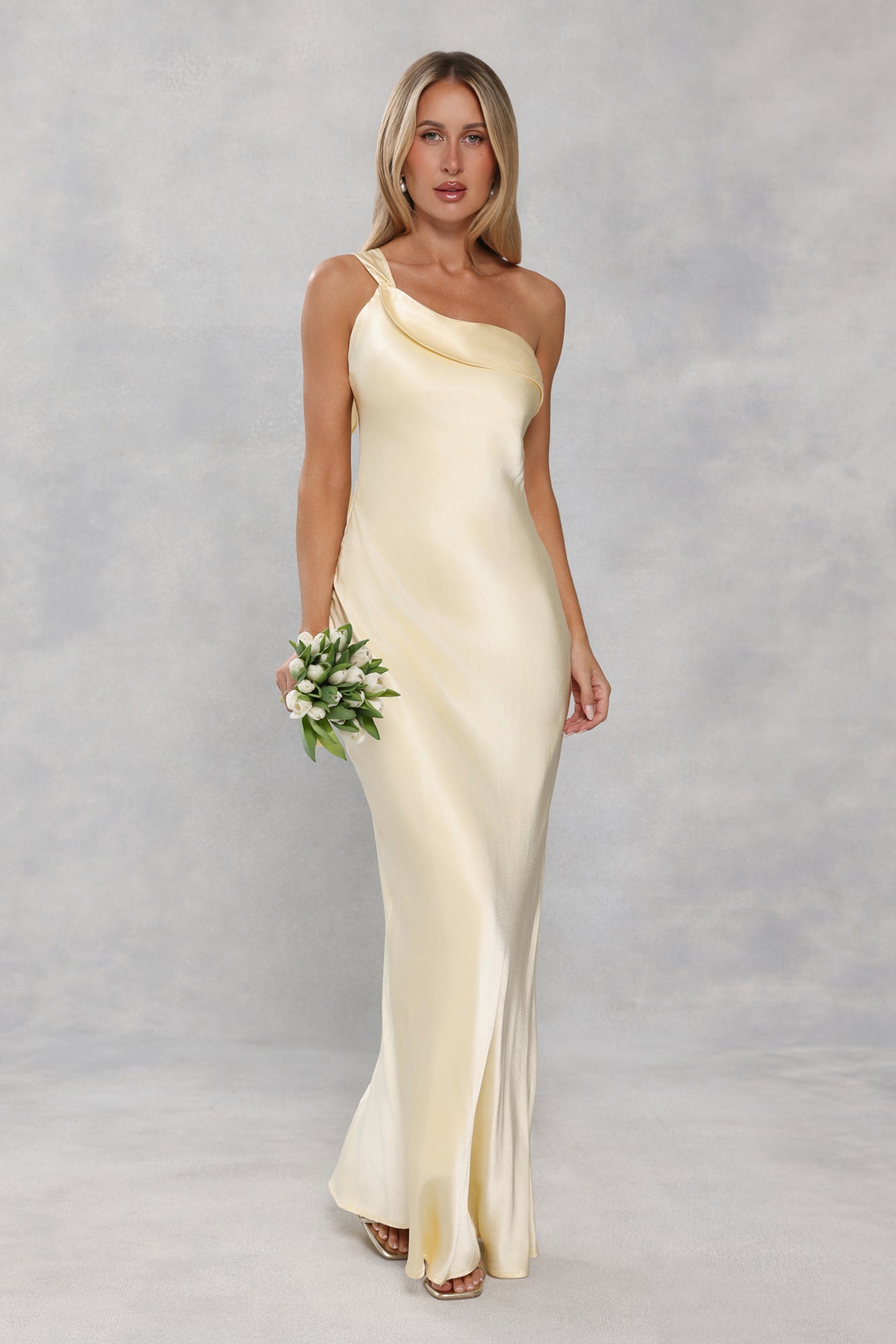 The Zafira One Shoulder Satin Maxi Dress Yellow