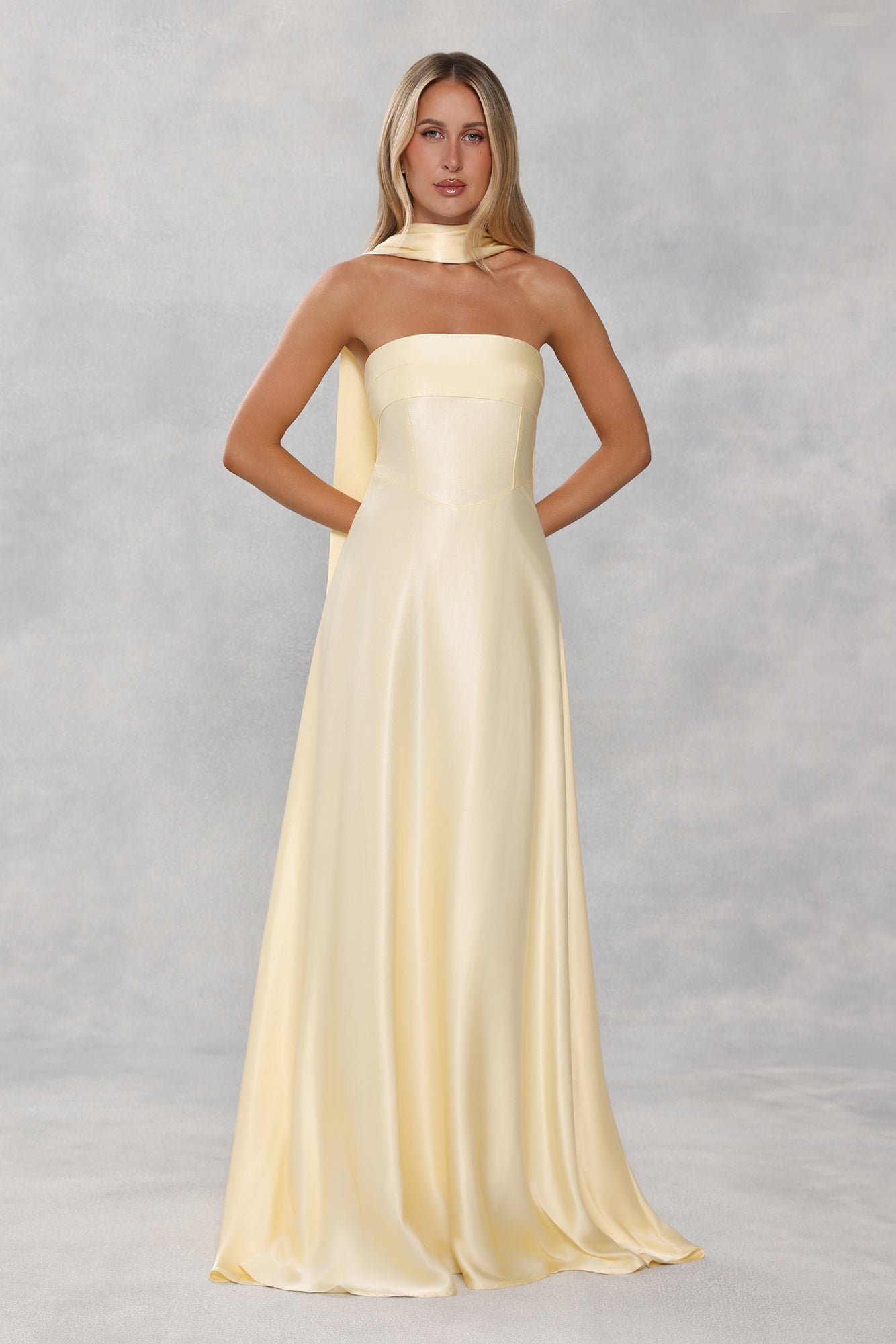The Serina Strapless Satin Maxi Dress Yellow