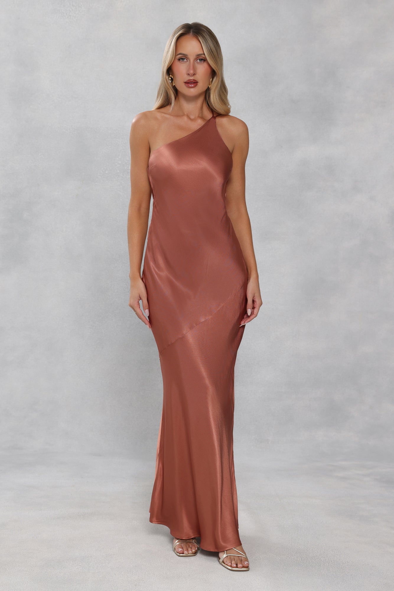 The Evangeline One Shoulder Satin Maxi Dress Bronze