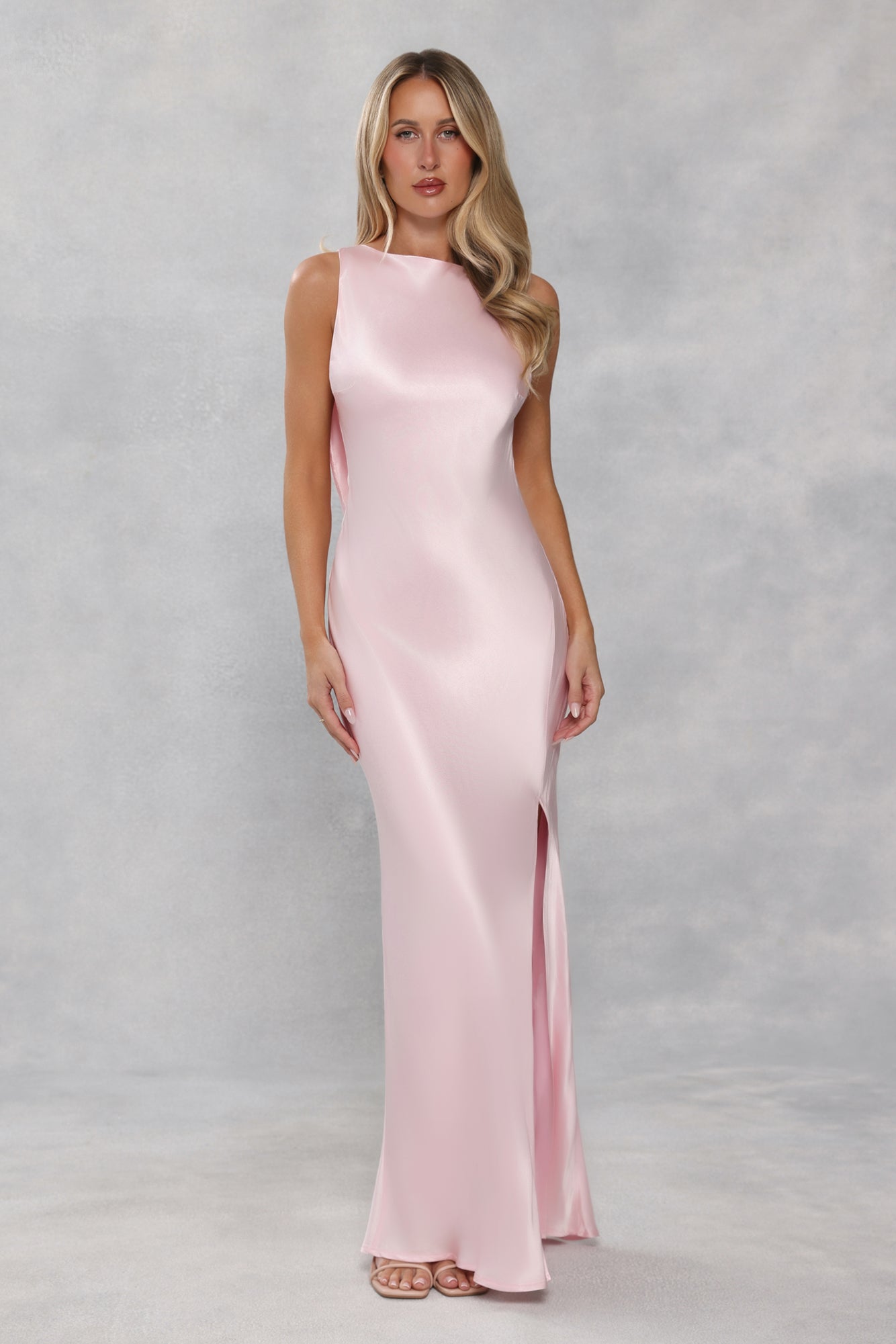 The Blaire Backless Satin Maxi Dress Light Pink