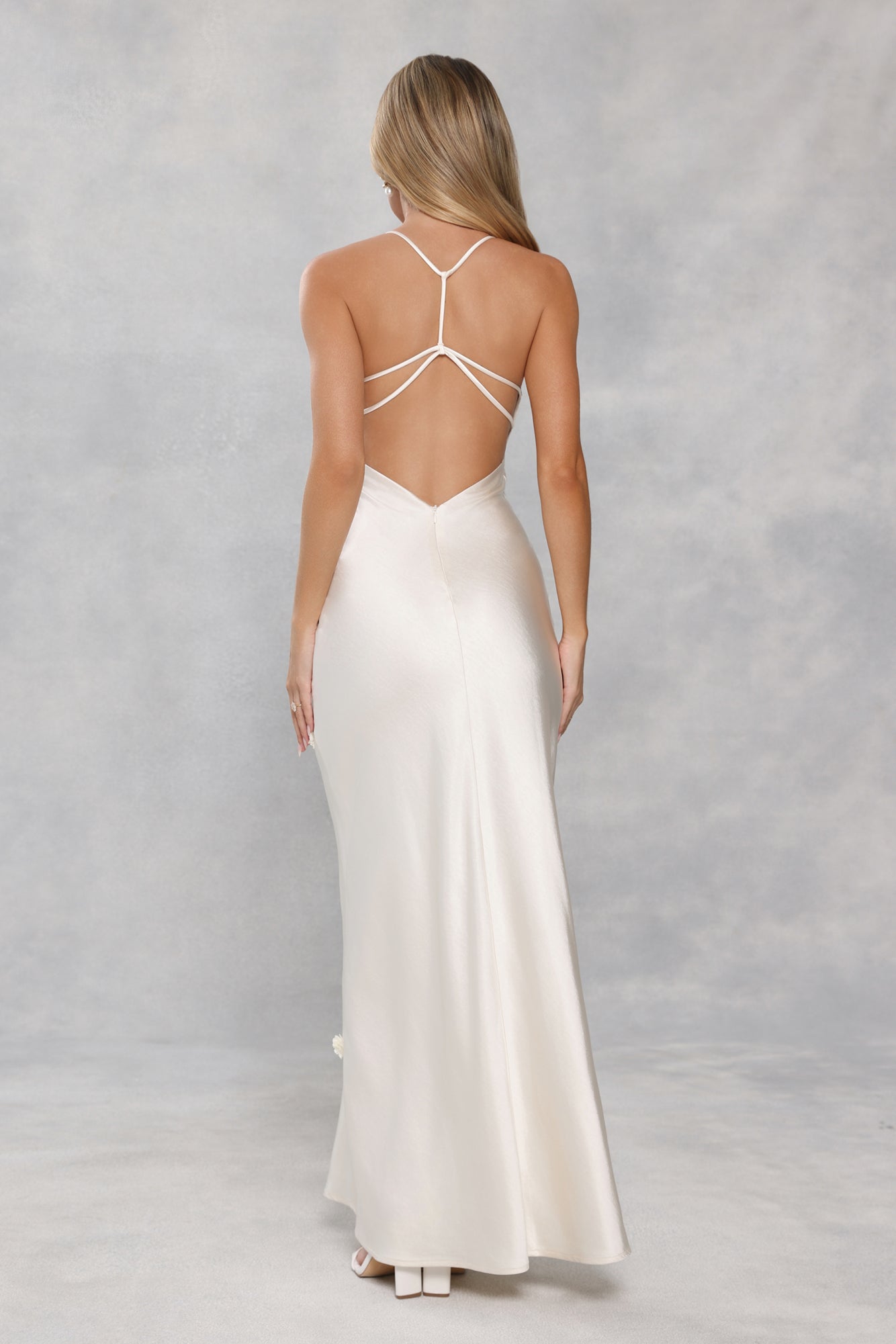 Honeyed Petals Satin Maxi Dress Cream