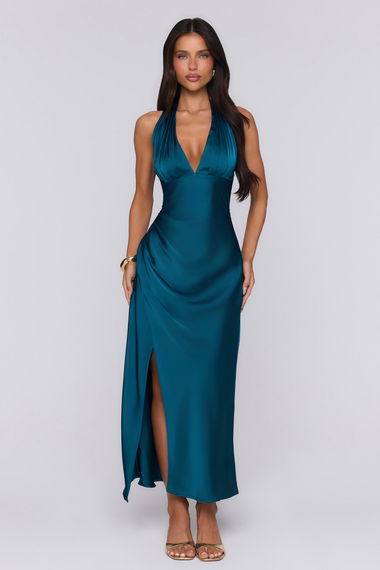 First Class Energy Halter Satin Maxi Dress Teal