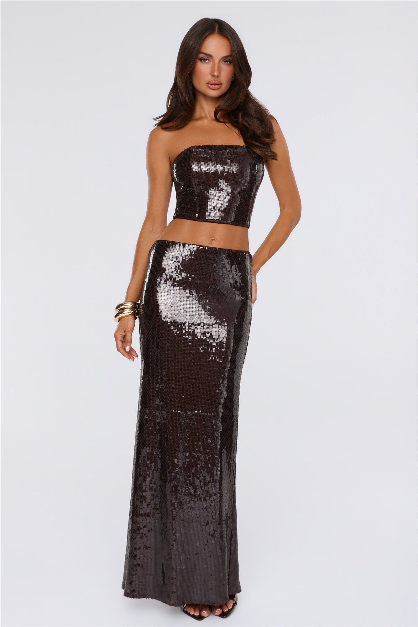 Shine Into Chic Sequin Strapless Corset Top Chocolate