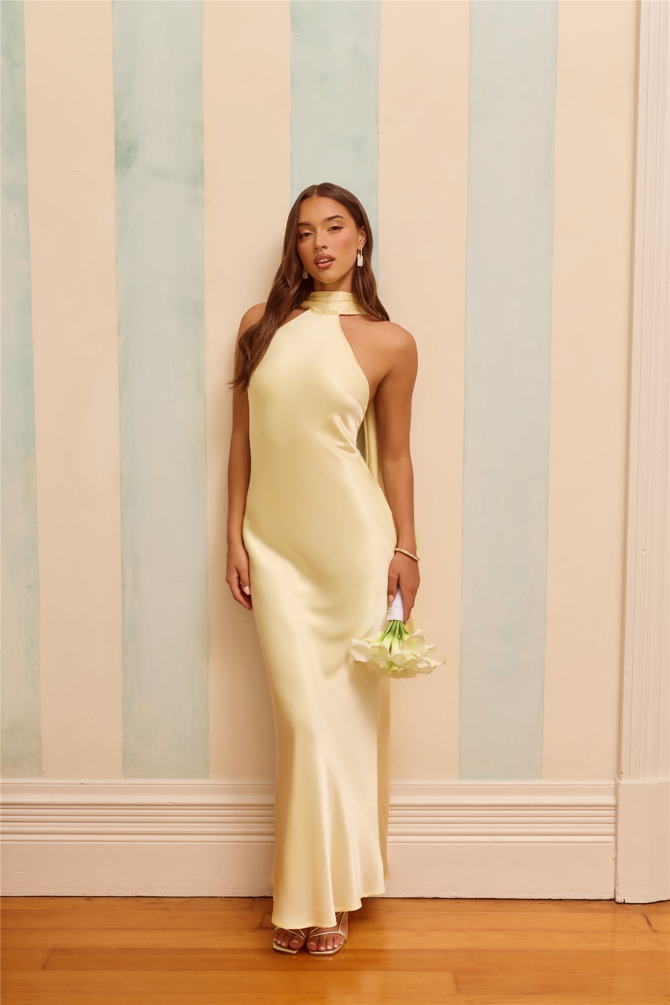 The Vivia Halter Satin Maxi Dress Yellow