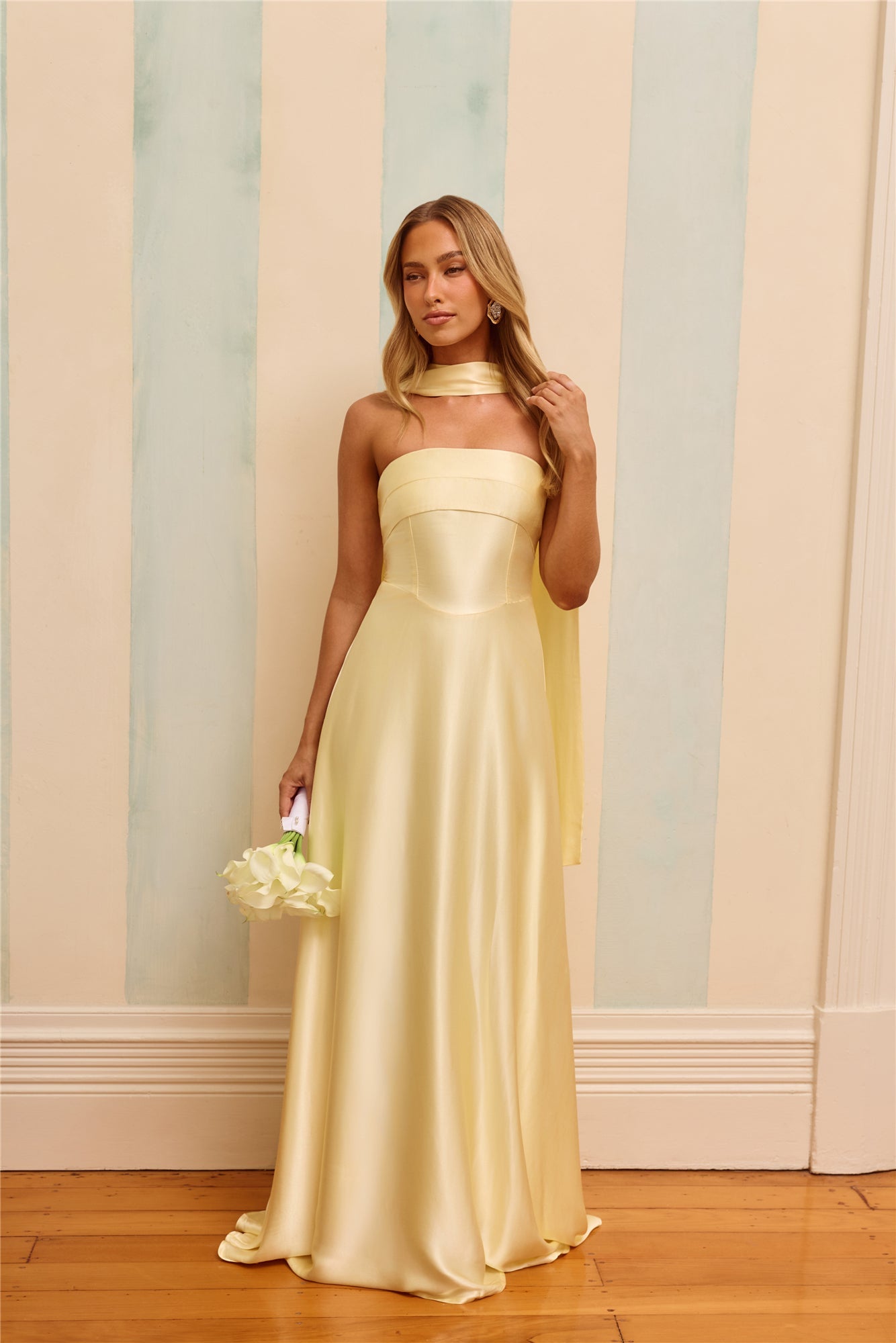The Serina Strapless Satin Maxi Dress Yellow