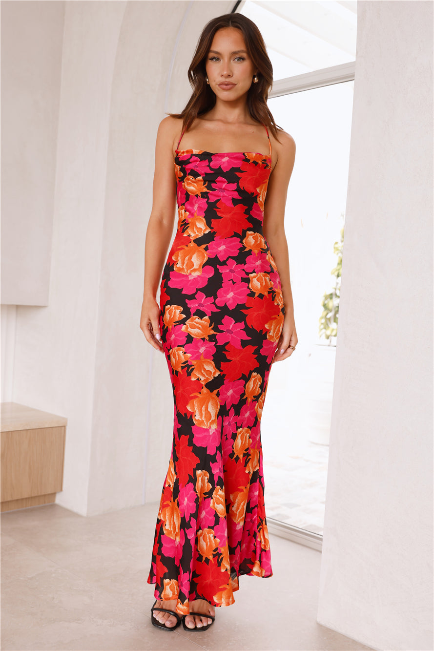 Tropics In Bloom Satin Maxi Dress Black