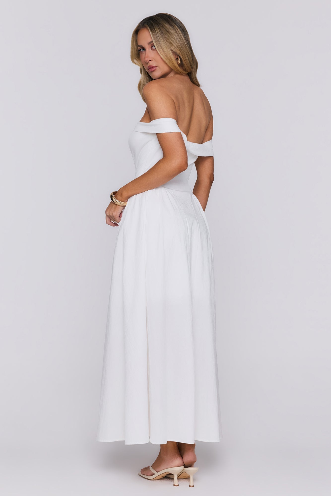 Polished Darling Off Shoulder Maxi Dress White
