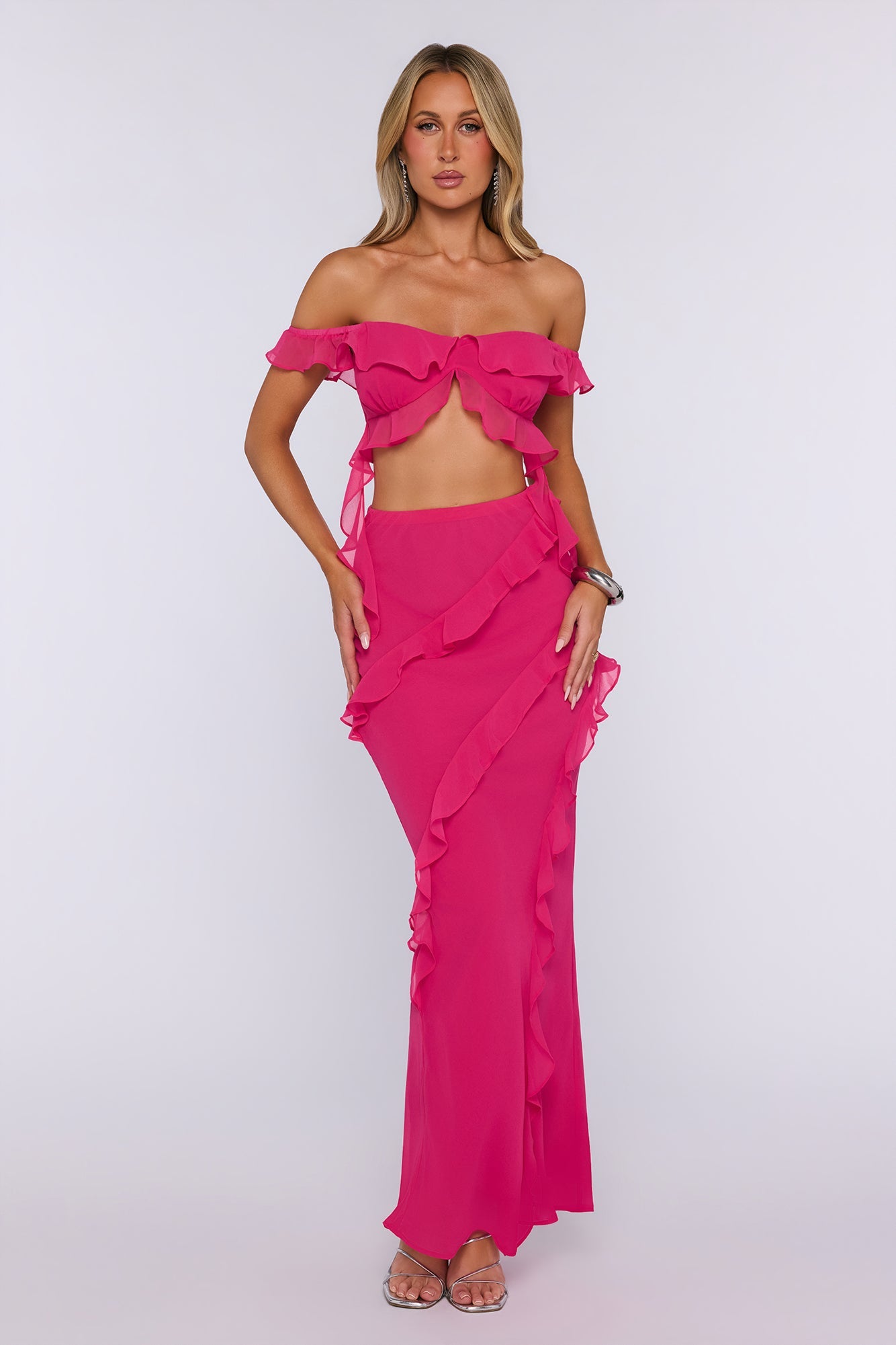 Summer Frills Off Shoulder Crop Top Hot Pink