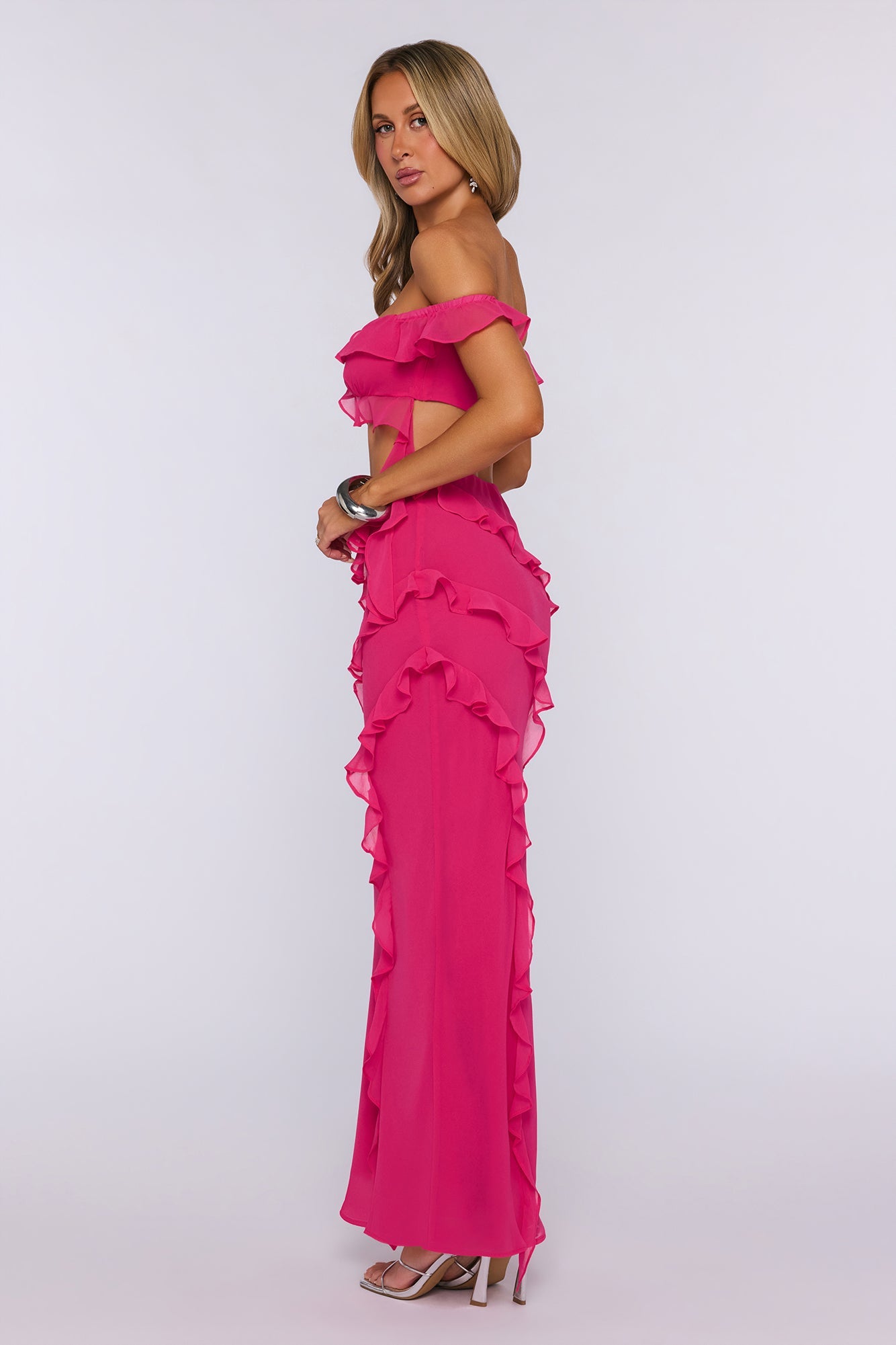 Summer Frills Off Shoulder Crop Top Hot Pink