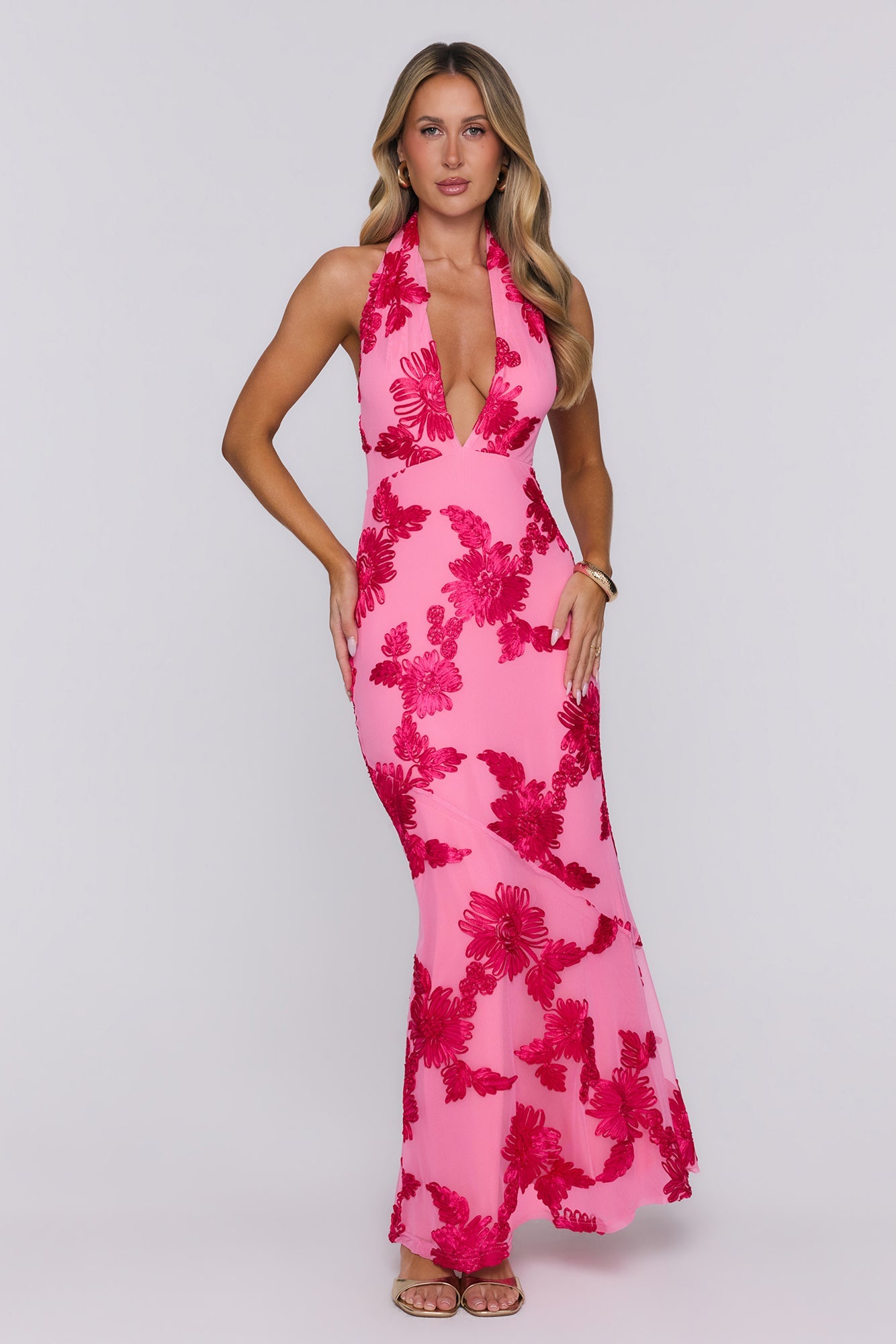 Electric Darling Mesh Halter Maxi Dress Pink