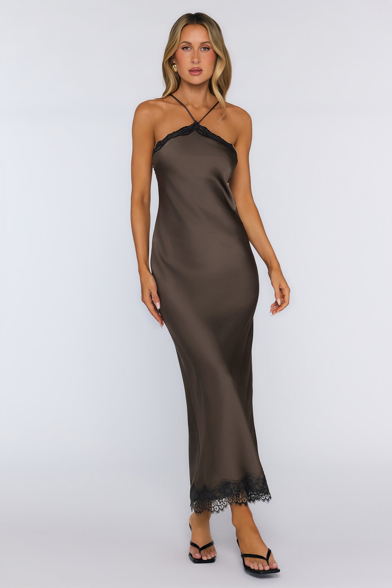 Editorial Archive Satin Lace Maxi Dress Brown