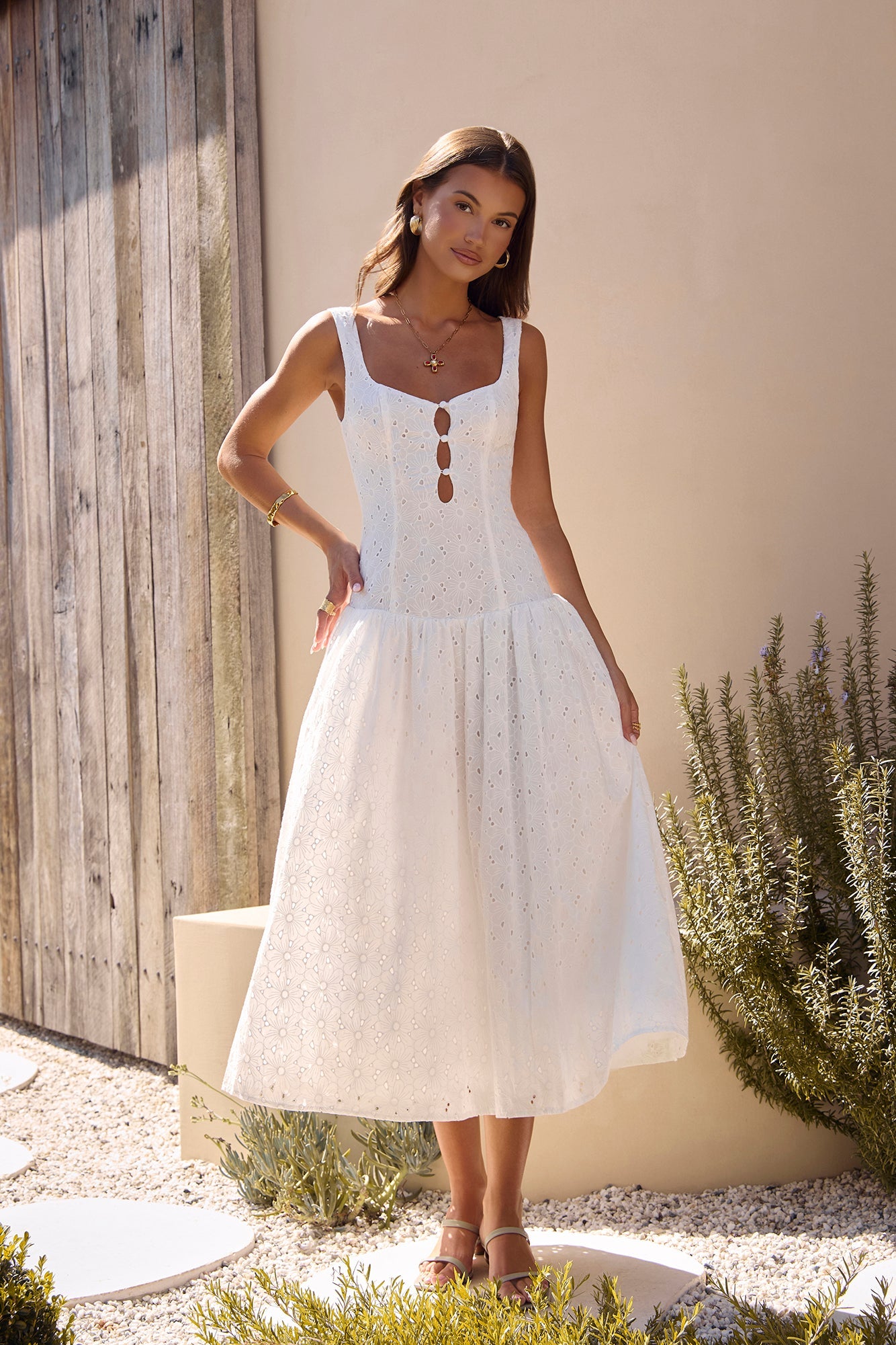 Romance Stitched Embroidered Maxi Dress White