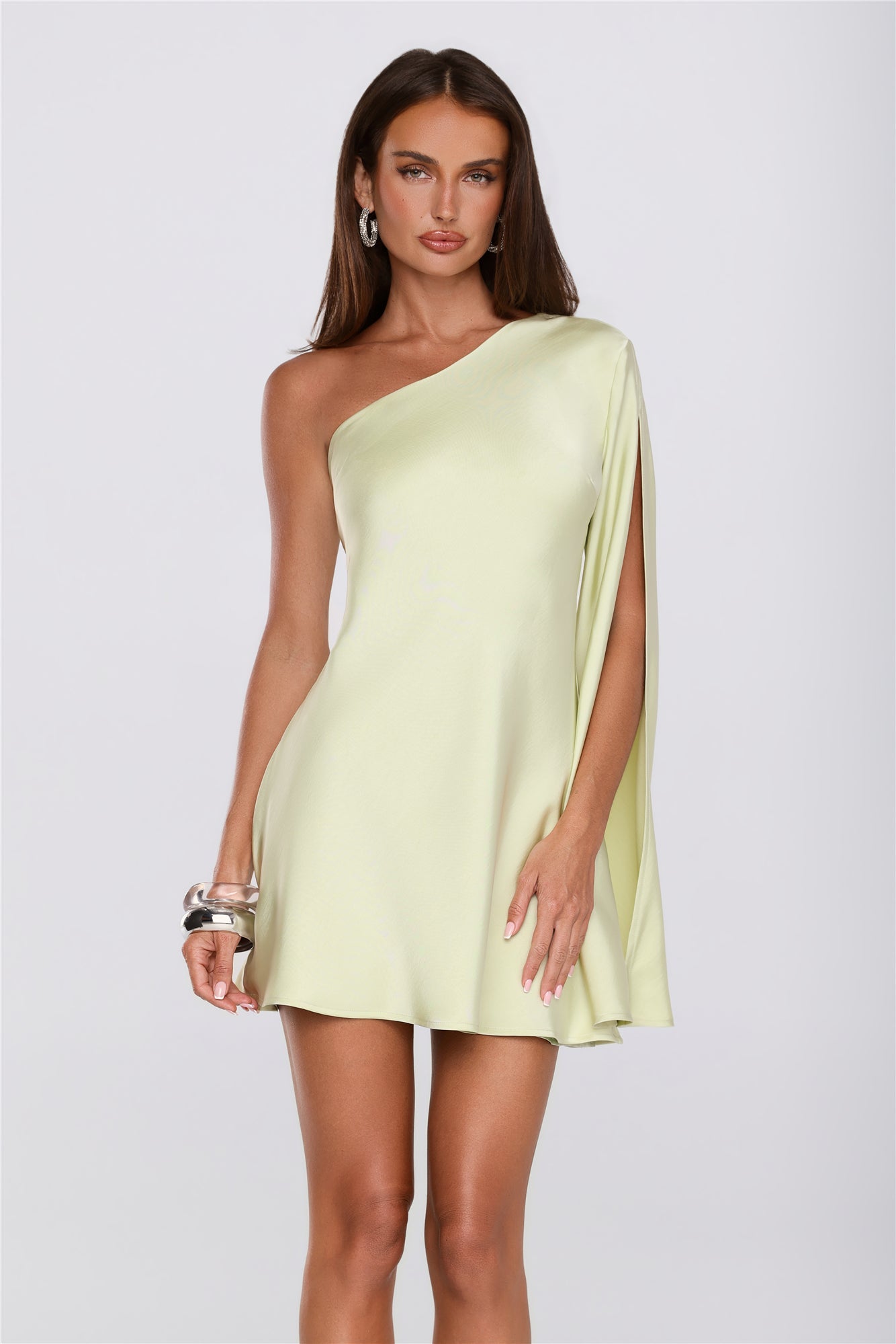 Pearl Radiance One Shoulder Satin Mini Dress Green