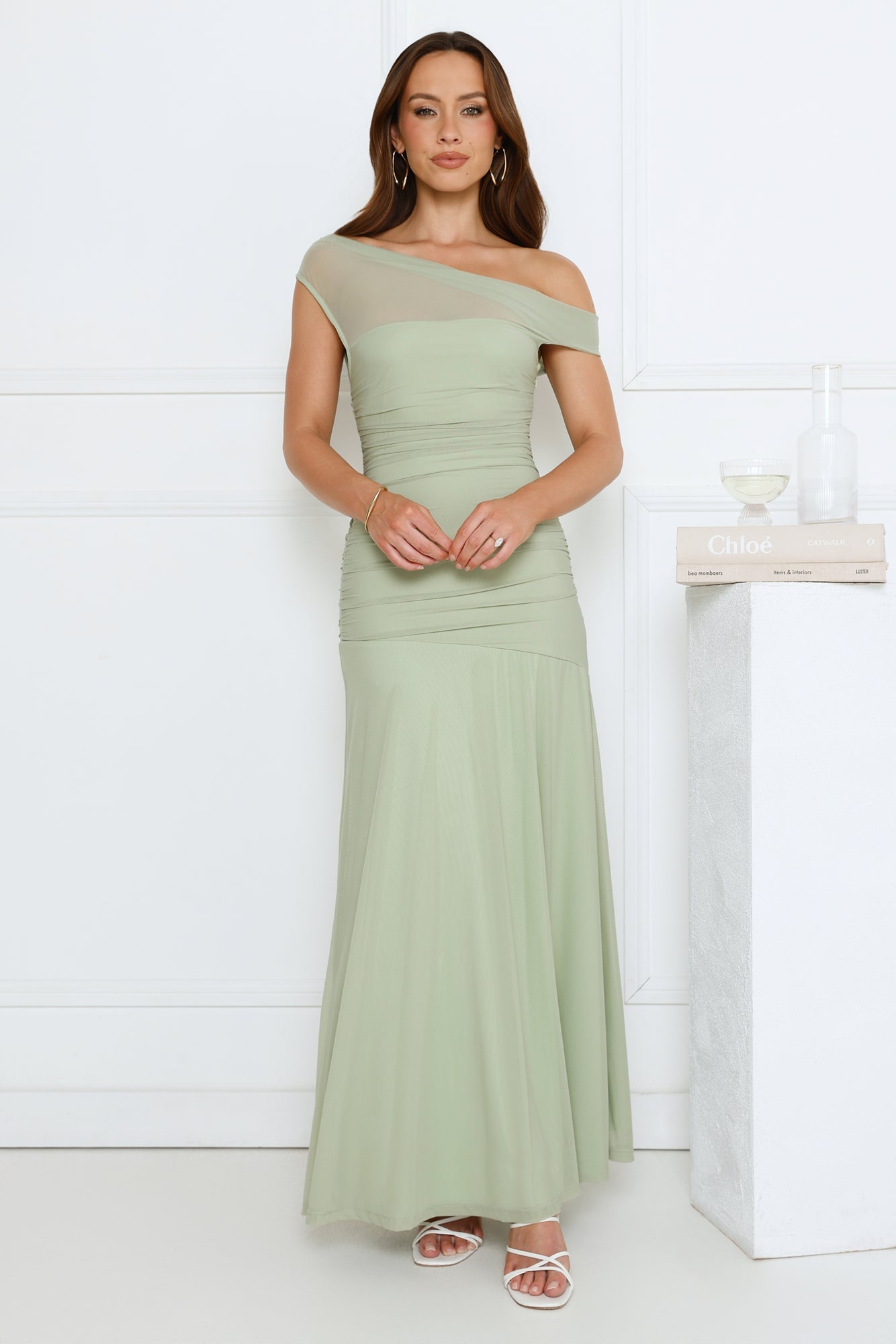 Dusk Noir Off Shoulder Maxi Dress Sage