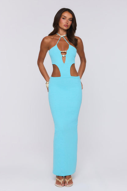 Beachside In Cabo Knit Halter Maxi Dress Aqua