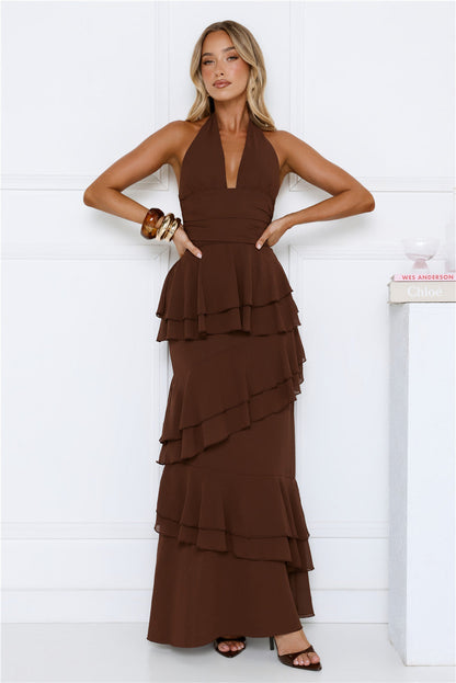 Power Glow Halter Maxi Dress Brown