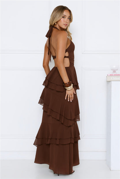 Power Glow Halter Maxi Dress Brown