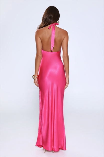 Rule Her World Halter Satin Maxi Dress Magenta