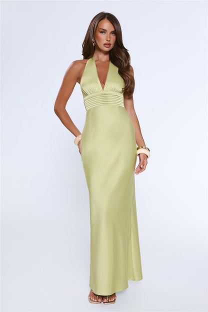 The Evening Standard Halter Satin Maxi Dress Green