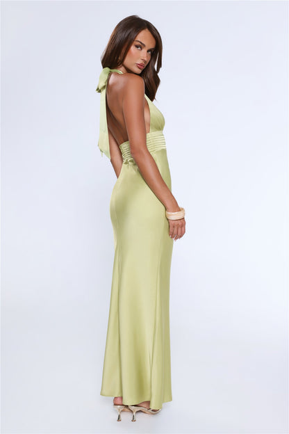 The Evening Standard Halter Satin Maxi Dress Green