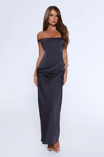 The After Party Off Shoulder Satin Maxi Dress Navy