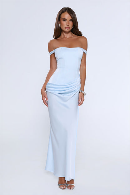 The After Party Off Shoulder Satin Maxi Dress Blue