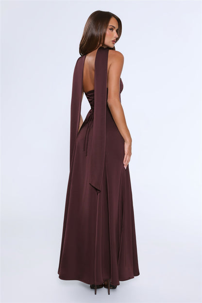 Satin Tempt Strapless Maxi Dress Chocolate