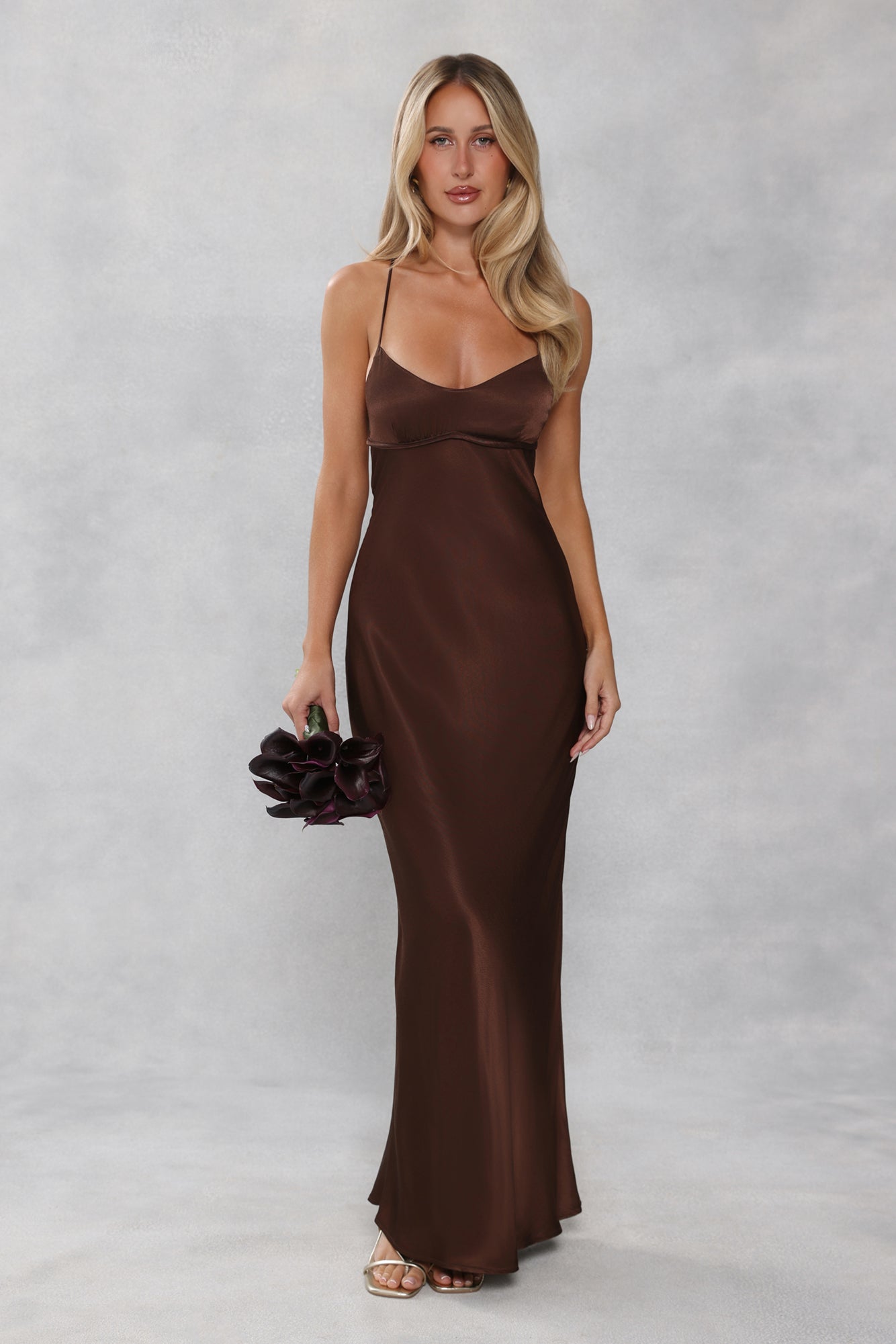 The Samara Satin Maxi Dress Chocolate Brown