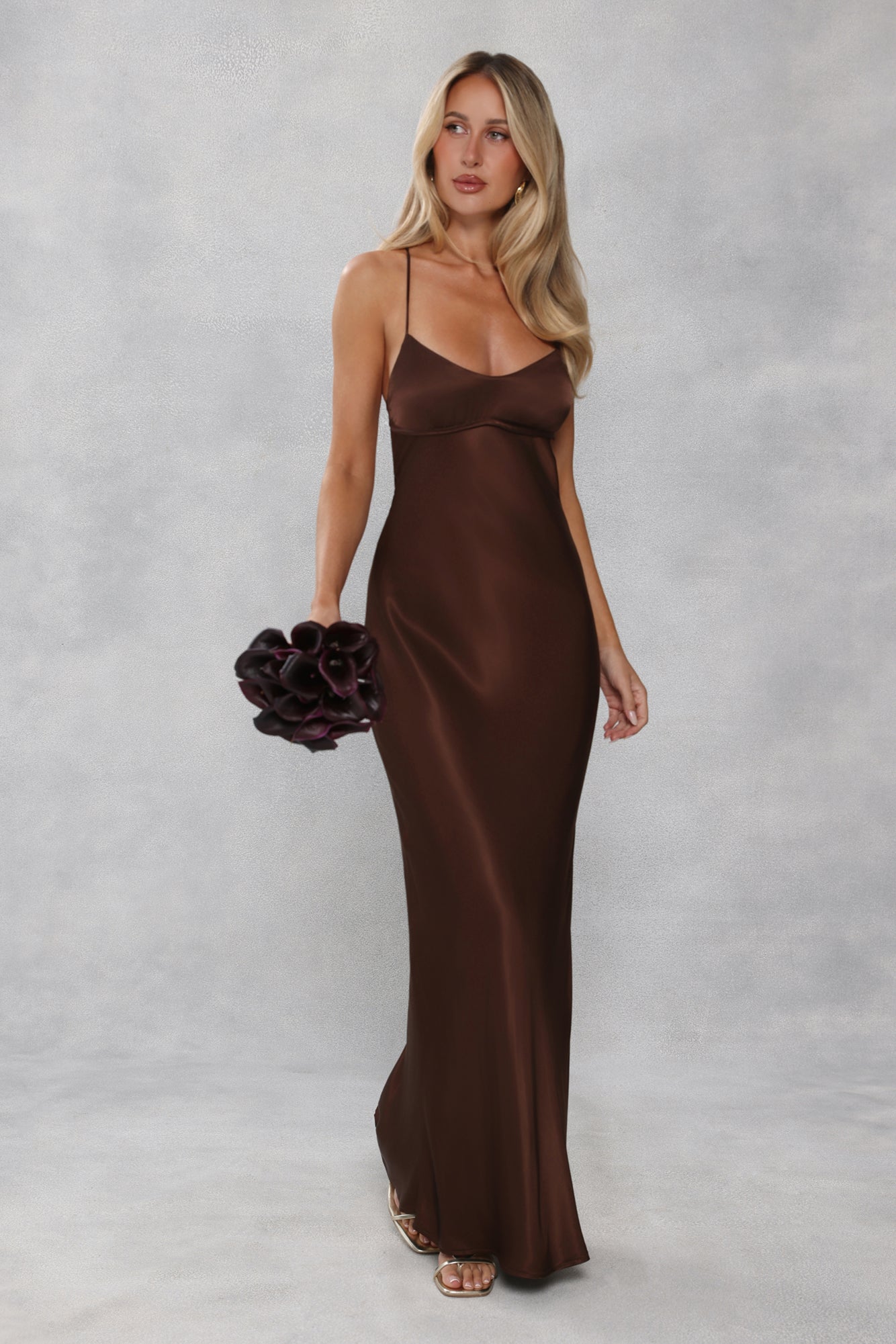 The Samara Satin Maxi Dress Chocolate Brown