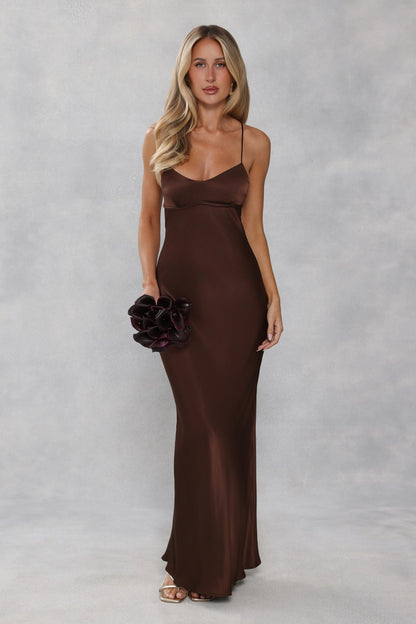 The Samara Satin Maxi Dress Chocolate Brown