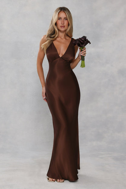 The Isabeau Satin Maxi Dress Chocolate Brown