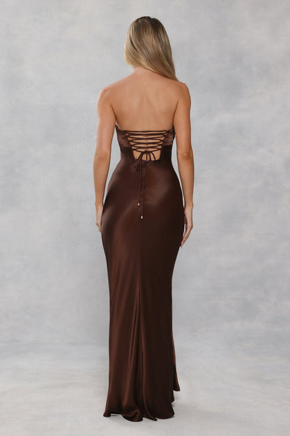 The Seraphina Strapless Satin Maxi Dress Chocolate Brown