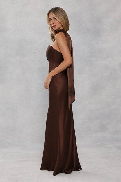 The Seraphina Strapless Satin Maxi Dress Chocolate Brown
