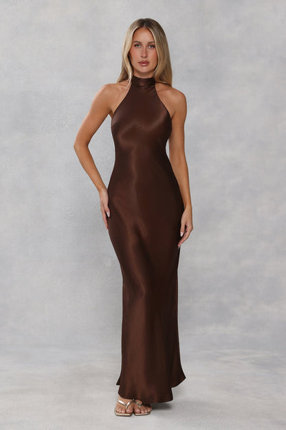 The Cleo Halter Satin Maxi Dress Chocolate Brown