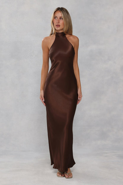 The Cleo Halter Satin Maxi Dress Chocolate Brown