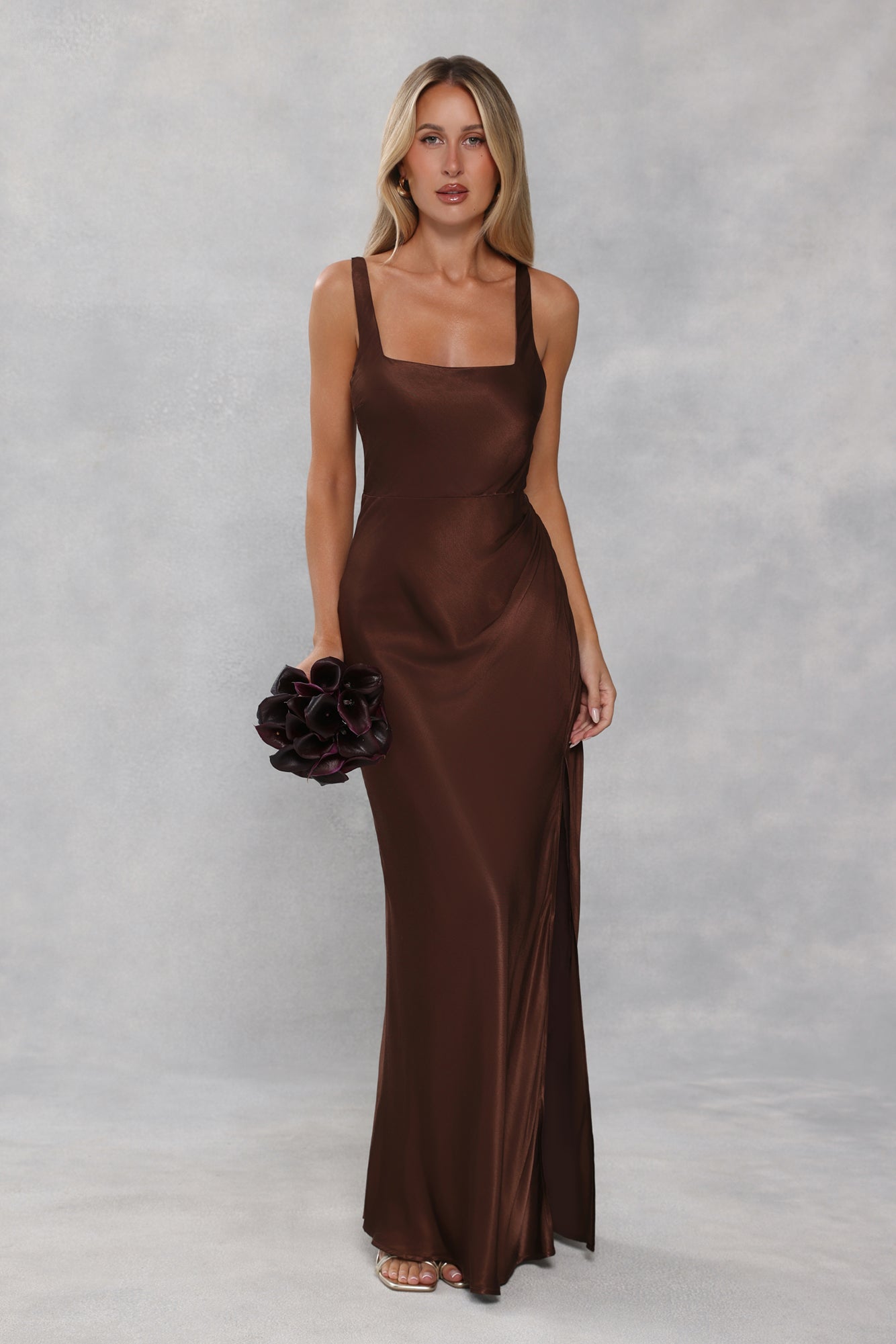 The Evelina Satin Maxi Dress Chocolate Brown