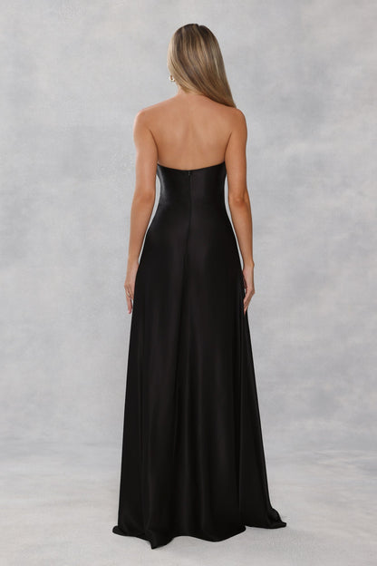 The Serina Strapless Satin Maxi Dress Black