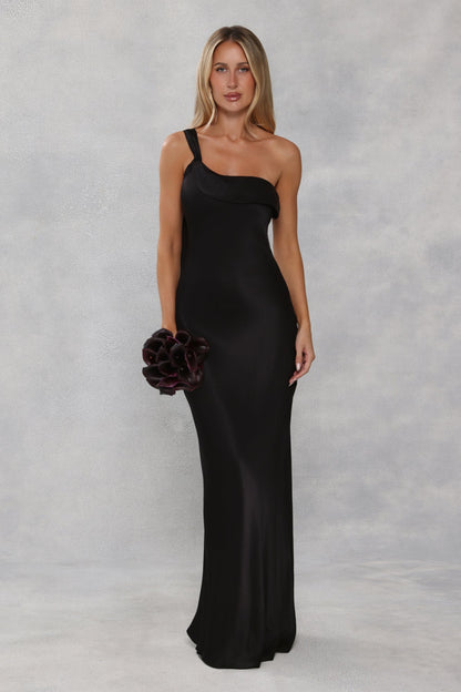 The Zafira One Shoulder Satin Maxi Dress Black