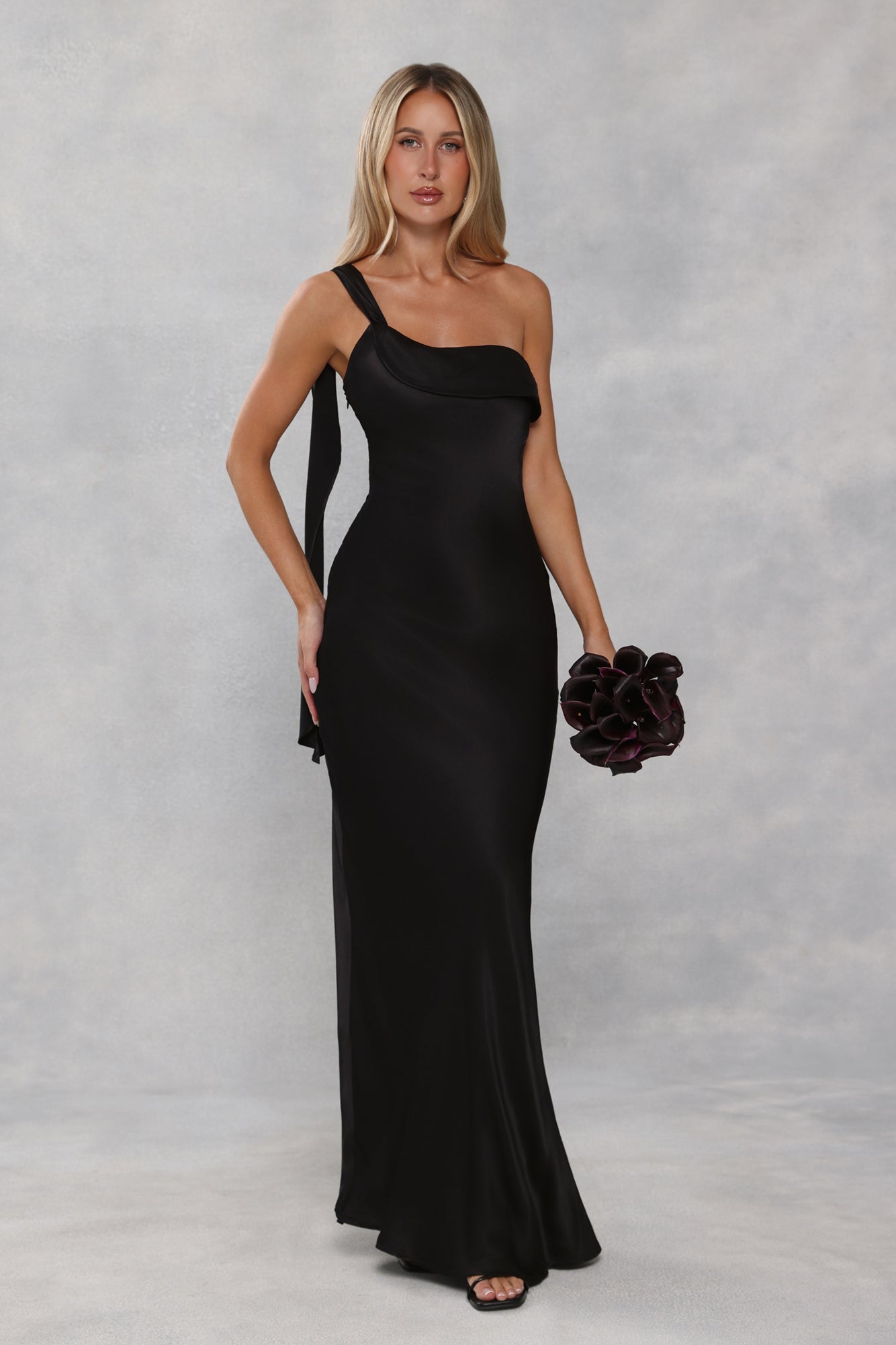 The Zafira One Shoulder Satin Maxi Dress Black