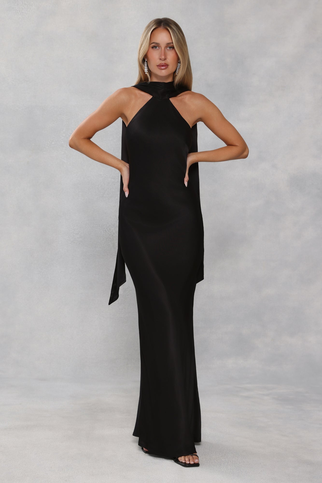 The Vivia Halter Satin Maxi Dress Black