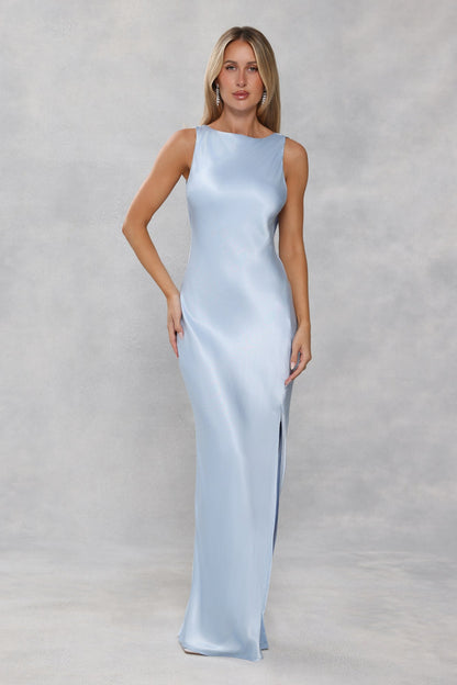 The Blaire Backless Satin Maxi Dress Light Blue