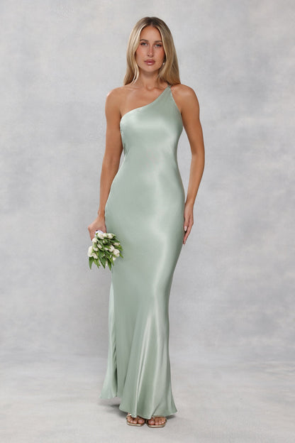 The Evangeline One Shoulder Satin Maxi Dress Sage Green